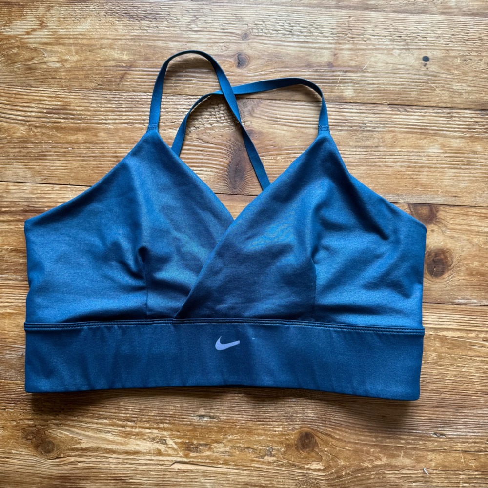 Nike Indy Light Support Sports Bra Teal Blue Metallic Wrap V-Neck Adjustable EUC